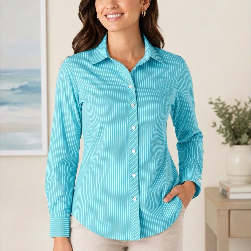 Foxcroft Wrinkle Free Women’s Teal Blue White Striped Button Shirt Size 6